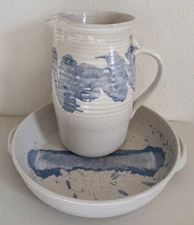 Hand Made Stoneware Farmhouse Wash Basin And Pitcher Vintage