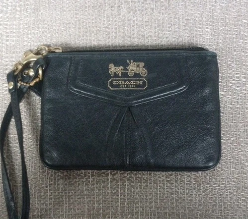 Portafoglio Coach vintage donna pelle nera braccialetto cosmetico 6x4