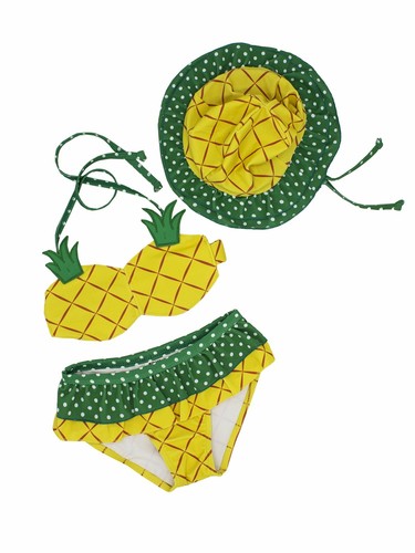 Toddler Girls Cute Pineapple Bikini Sets with Hat 3 pcs Swimsuit - Picture 2 of 12