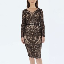 Black Lace Nude Mesh Long Sleeve Bodycon Belted Pencil Dress Events Party