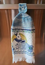 Crochet Top Button Kitchen Towel Bunny Rabbits hanging handmade Blue Yellow EUC