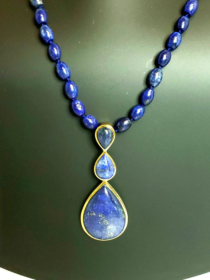 Hand Knotted Lapis Lazuli Beaded Necklace Tear Drop Pendant 17" SX Thai - Image 3 of 4