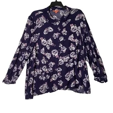 ModCloth Floral Button Front Blouse Women Size 4X Navy White Rayon