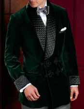 Men Smoking Jacket Green Quilted Shawl Lapel Velvet Evening Party Formal Casual