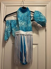 Art Stone Blue leotard with white fringe, gloves, and hat with bow dance costume