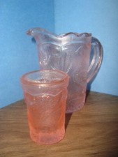 Vintage 1990's Child Doll size Pink Glass Lemonade Set Peacock Themed
