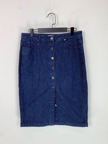 Per Una Navy Pinstripe Denim Skirt Button Front Stretch Cotton Casual UK 14 - Picture 1 of 9