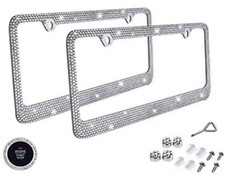2 Silver Metal Diamond Bling Glitter License Plate Frame Cover Crystal Rhineston