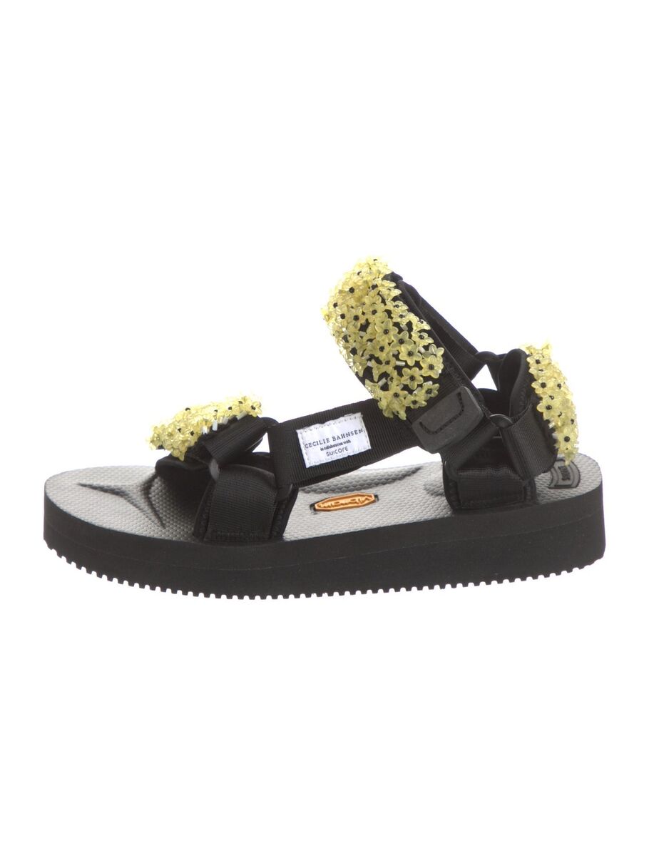 CECILIE BAHNSEN X Suicoke Black Canvas Yellow Floral Beaded CECILIE BAHNSEN X Suicoke Black Canvas Yellow Floral Beaded