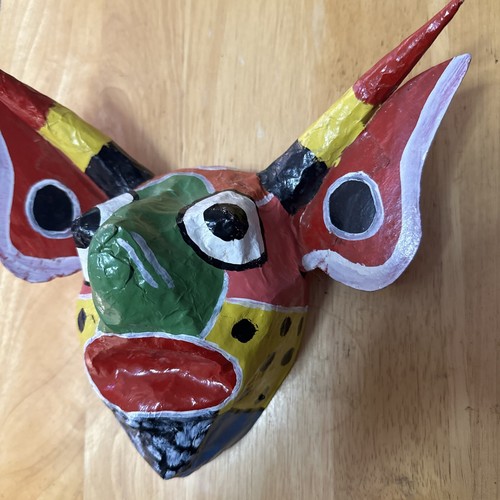 Vintage Mexican Paper Mache Mask colorful horned beast mask wall hanging 10”W - Picture 3 of 6