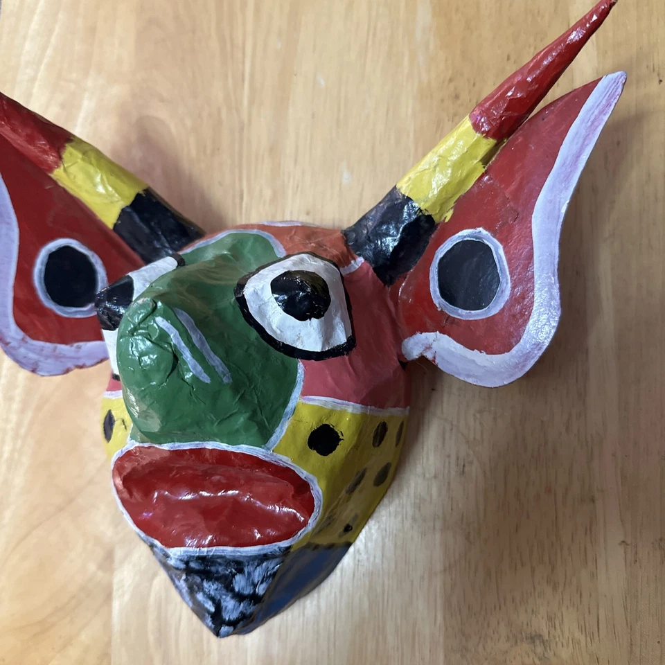 Vintage Mexican Paper Mache Mask colorful horned beast  mask wall hanging 10”W - Image 3 of 4