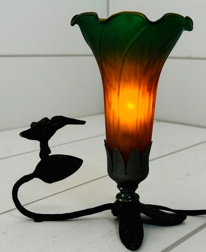 Vintage Tiffany Style Amber & Green Lilly Hummingbird Petite Accent Lamp