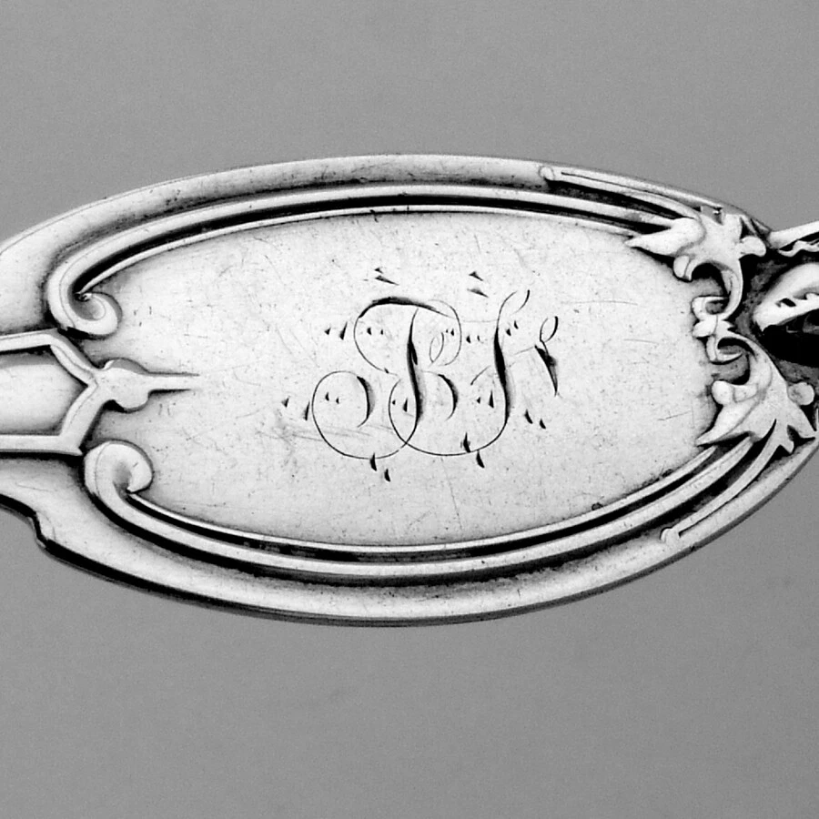 Par de cucharas de mesa Kenilworth Albert Coles plata de ley 1850 mono TF Foto 3 de 4