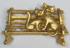 Cat Brooch Pin Cat Lovers on Park Bench SIGNED by AJC Antique Gold Plate NEW