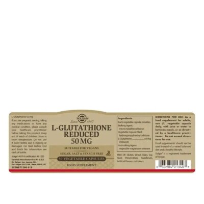 Solgar L-Glutathione 50mg Free Form vegetable capsules (30) BBE 11/2027
