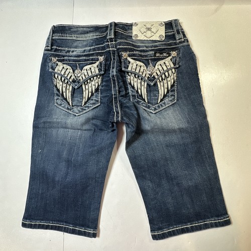 Miss Me Girl Denim Capri Pants Rhinestone Casual Western Blue Size-14 #341