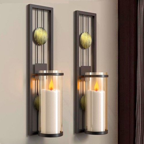 Set of 2 Wall Sconce with Candle Holders, Metal Antique Bronze Style Wall Cla...