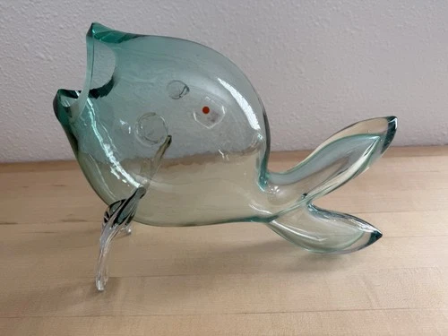 Vintage MCM Blenko Glass Guppy Fish Vase in Antique Green/ Green