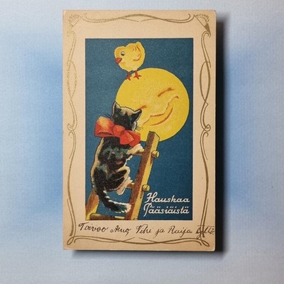 Finnland Neujahr Postkarte 1937 Katze Schleife Mondgesicht Küken Gold geschickt Helsinki