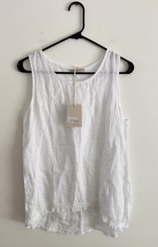 Francesca Bettini 100% Leinen Bluse Damen Gr. S weiß ärmellos ausgefranster Saum Top