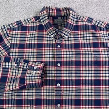 LL Bean Shirt Mens Large Blue Tan Check Signature Washed Oxford OCBD Slim Fit