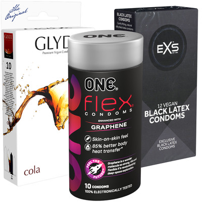 Kondomotheke Black Pack 32 schwarze Kondome Mix EXS Glyde ONE vegan dünn