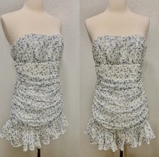 Adeirlina Blue Floral Mini Dress - Ruched Strapless Ruffle Hem Medium Boho