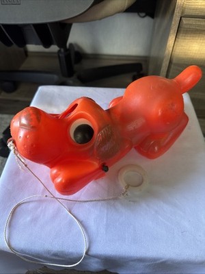 Vintage Blow Mold Orange/Red Dog Pull Toy Made in USA Moving Eyes 11.5  Used!
