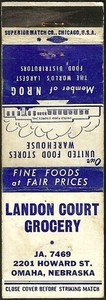 EARLY matchcover ~ LANDON COURT GROCERY ~ very near downtown OMAHA, NE nebraska