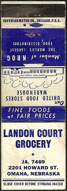 EARLY matchcover ~ LANDON COURT GROCERY ~ very near downtown OMAHA, NE nebraska
