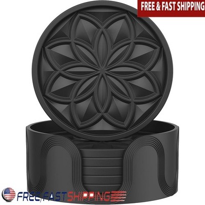 Silicone Coaster Set 6-Pack Heat Resistant Anti-Slip Drink Coasters W/ Holder US