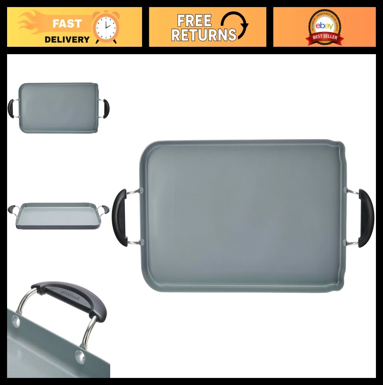 GoodCook Everyday Double Griddle Pan Ceramic Nonstick 18x11 Inch Black