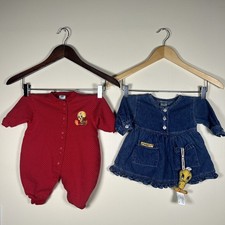 VTG Warner Bros Studio Store Baby Looney Tunes Tweety Denim Dress  Pajama 6M 