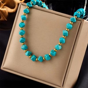 Authentic Turquoise with 18k Gold Plated Beads Necklace Retro Clavicle Necklace Women