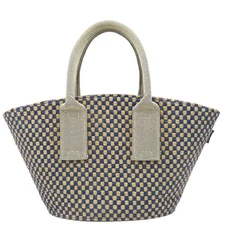 Hermes Handbag Panierbus Pm Linen Jute Navy Beige Blue Plaid Used