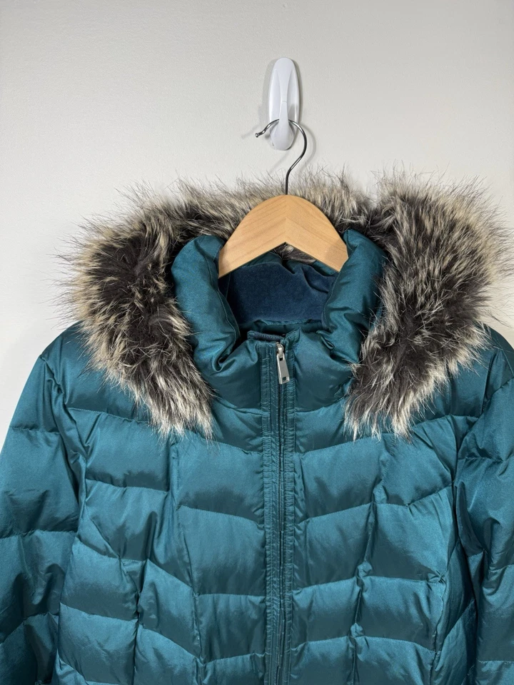 Lands End Coat Womens 2X (20-22) Blue Down Puffer Fur Hood Long Winter Jacket - Image 2 of 4
