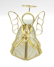 VTG Stained Glass Angel Votive Holder Textured Glass Gold Plated Wire Musician