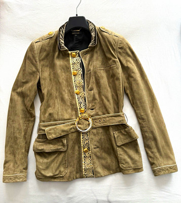 Roberto Cavalli Damen Lederjacke Kaki Gr. 42 kurz mit Gürtel, Knopfverschluss