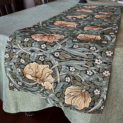 William Morris Emerald Tulips Tapestry Table Runner 59x18'' Embroidered Runner