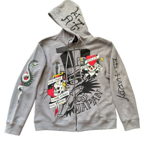 Ed Hardy Hoodie Full Zip Men’s Size Large Love Kills Slowly Lower East Side Grey
