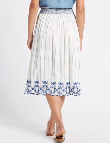 EX M&S Fully Lined Ivory Elasticated Embroidered Summer Midi Skirt UK10 - Picture 4 of 10