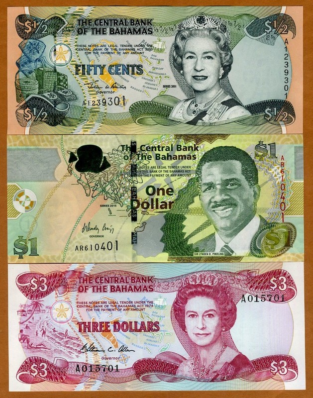 SET Bahamas, 1/2;1;3 dollars, 1974-2015, P-44-68-71A UNC Colorful Tropical