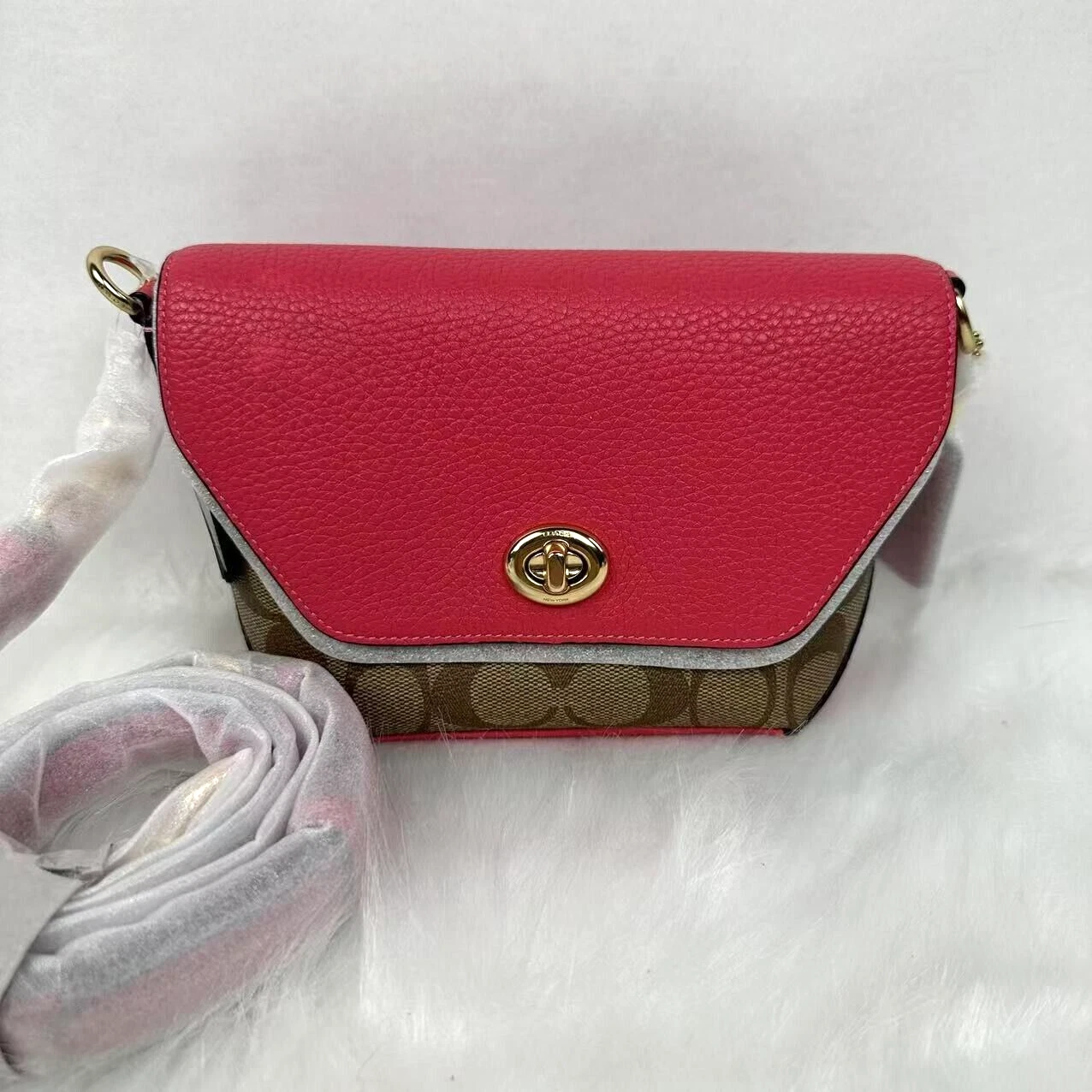 Coach Karlee pochette a tracolla in tela firmata in kaki fucsia C2816 nuova con etichetta