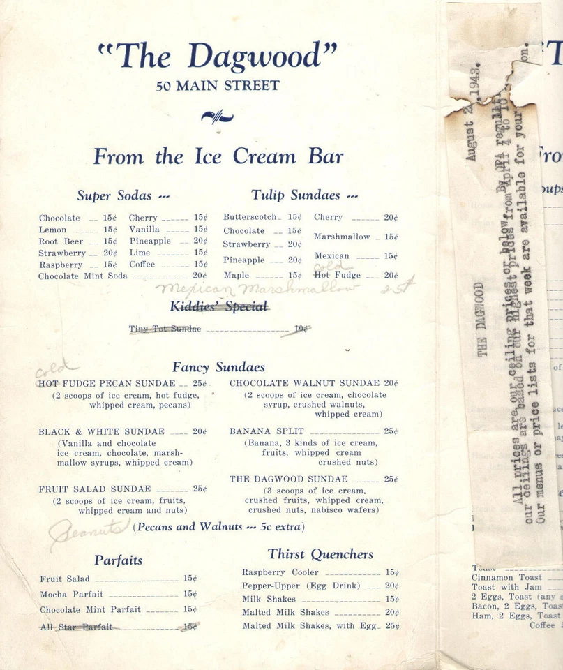 VTG 1943 ICE CREAM FOUNTAIN MENU! TONAWANDA, NY! SEALTEST! PRICES! SANDWICHES! - Image 2 of 4