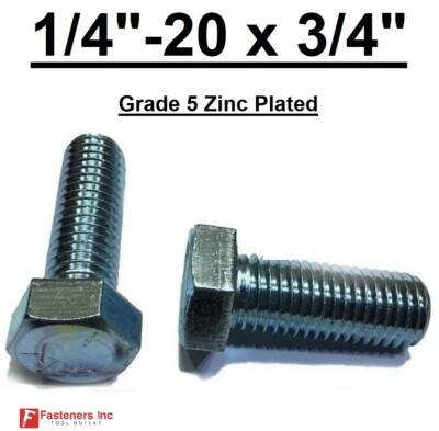 1/4-20 x 3/4'' (FT) Hex Bolt Zinc Plated Grade 5 Cap Screw Coarse Thread