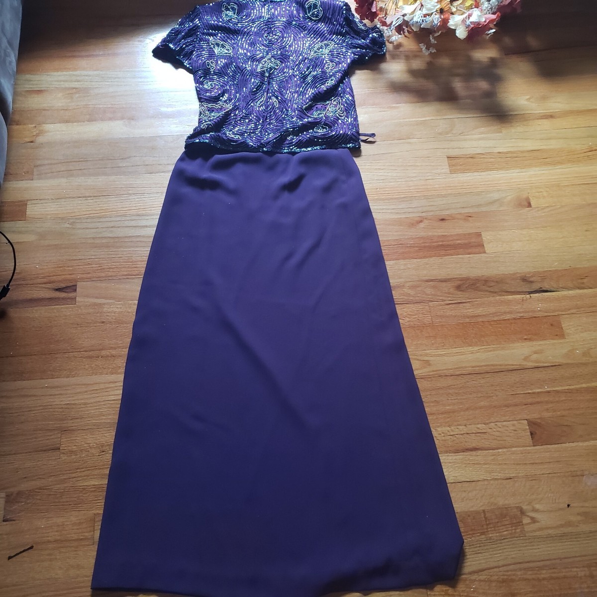 Ensemble Soirée Papell Boutique - Haut Soie Perlé Et Jupe - Bleu Marine Et Argent - Taille 8