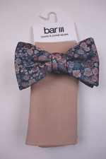BAR III Blue Floral Bow Tie  Solid Beige Pocket Square NEW