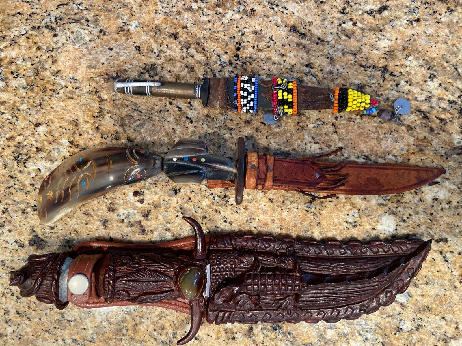 3 Vintage 1986 Ecuador TRAMONTINA Hunting Knifes, Chichicastenango Horn Knife  