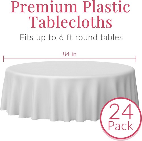 Prestee 24 White round Plastic Tablecloth, 84" Plastic Table Cloth, Disposable T - Picture 2 of 2
