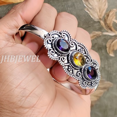 Amethyst Cut & Citrine Topaz Gemstone 925 Sterling Silver Bangle Cuff For Love